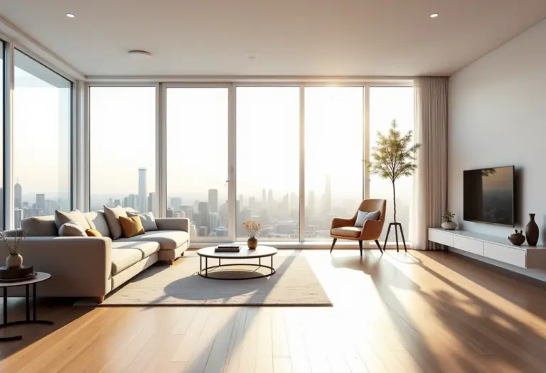 Apartamento studio moderno com design inteligente e luz natural abundante.