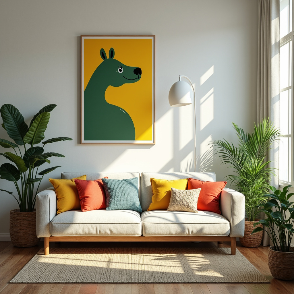 Apartment interior with plants, colorful pillows, Brazilian art, bright, natural light, Detalhes decorativos: plantas, quadros e almofadas em apartamento.