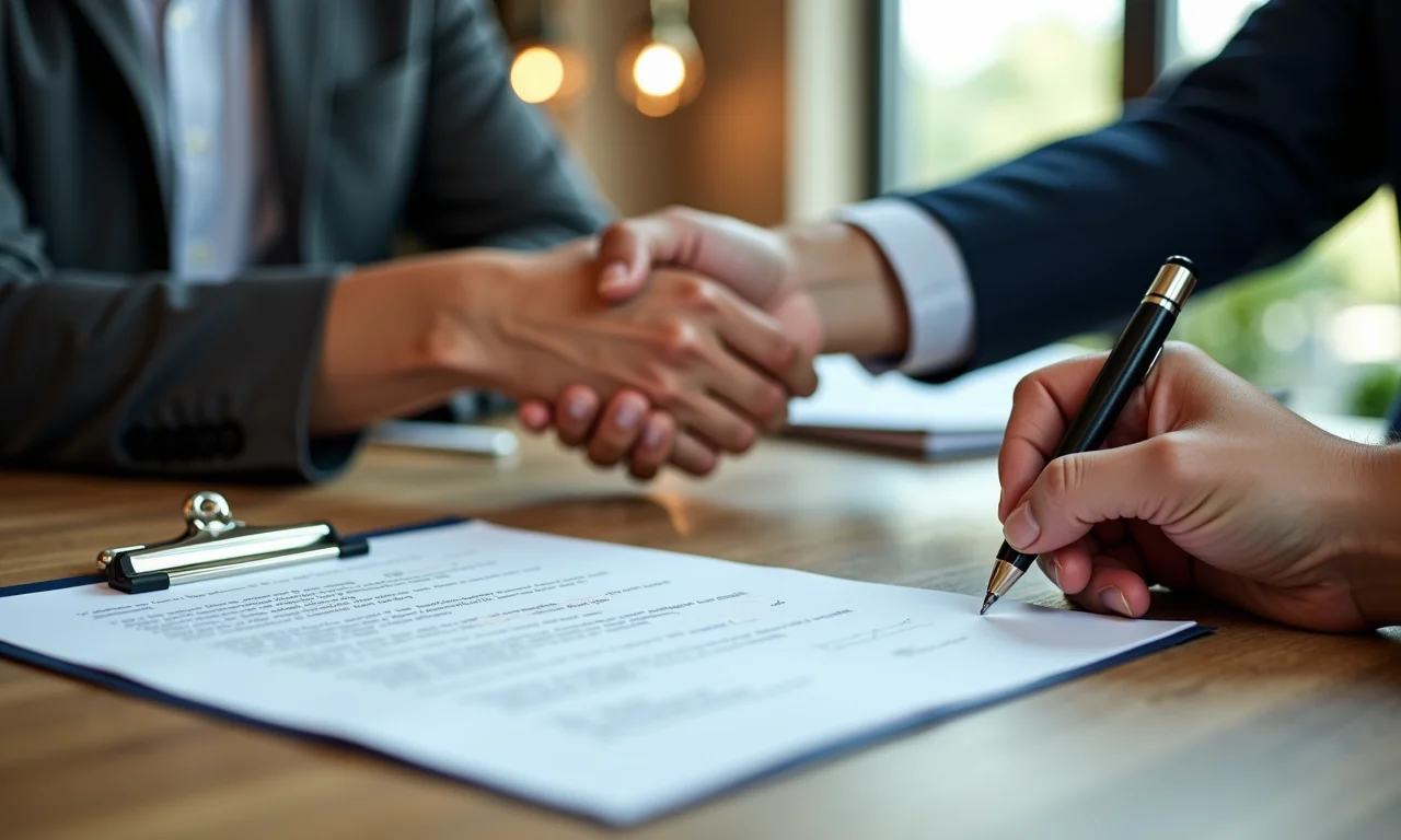 Aperto de mãos entre cliente satisfeito e empresário após assinatura de contrato.