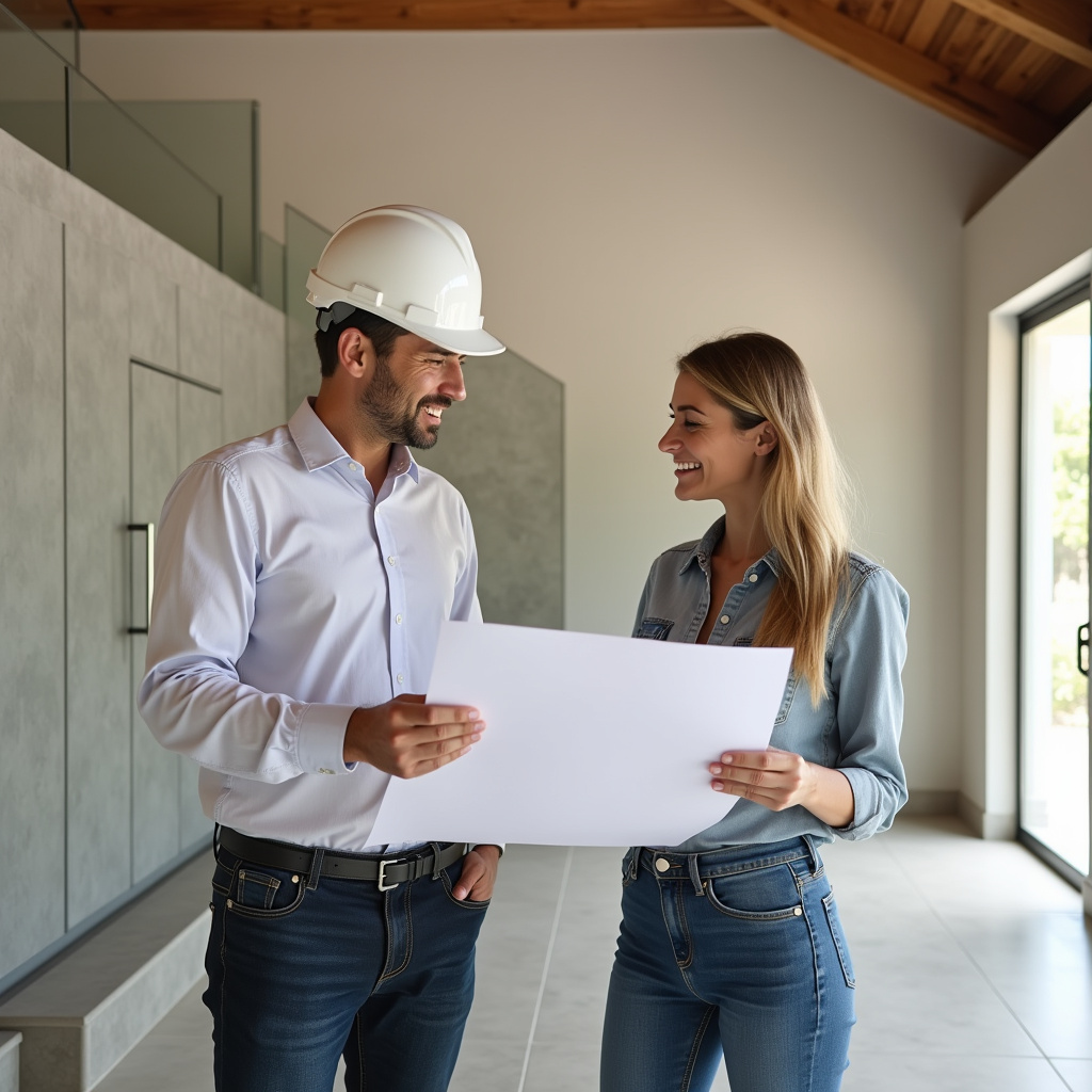 Architect explaining renovation plan to a woman, bright open space, blueprints, Brazilian design, Arquiteto explicando projeto de reforma para cliente.