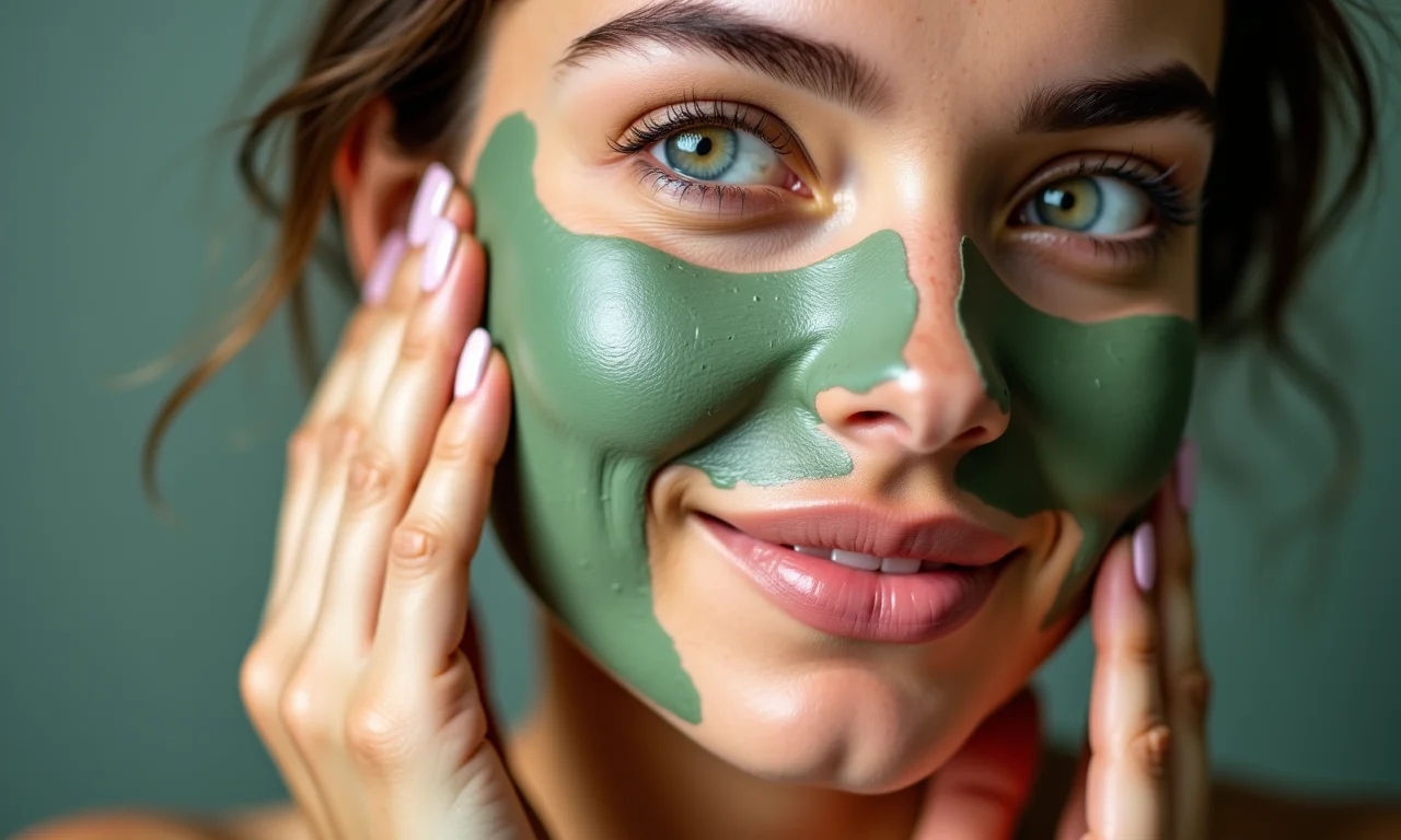 Argila verde removendo cravos e espinhas do rosto. Tratamento de pele natural.