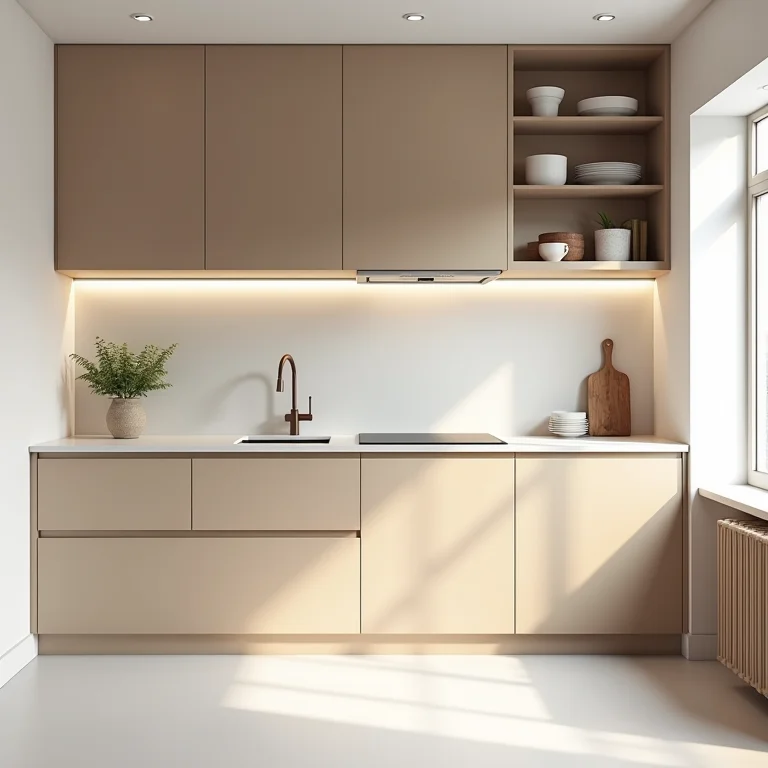 Armário de cozinha com design simples e acessível.