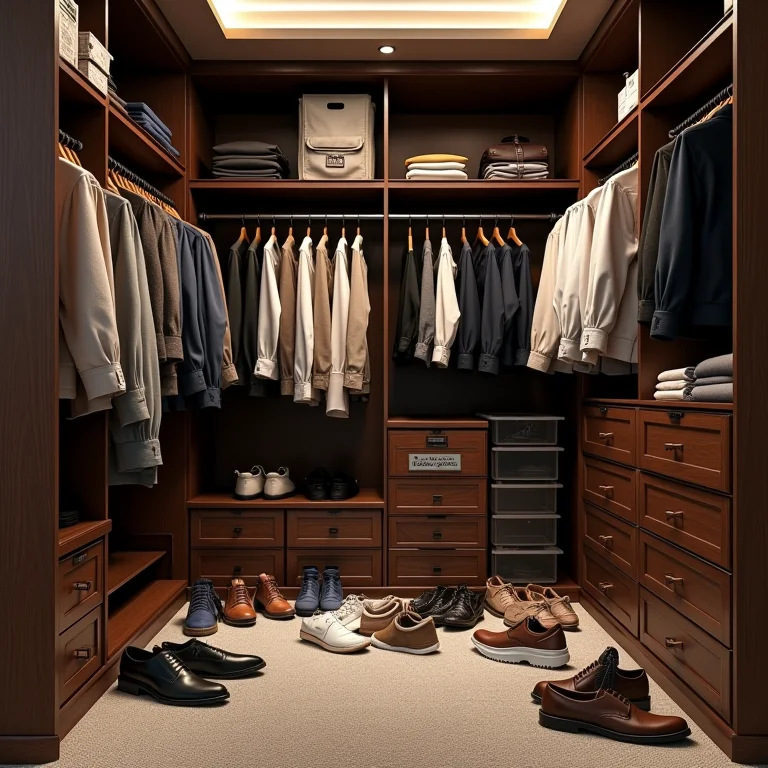 Armário de quarto de casal desorganizado e cheio de roupas.