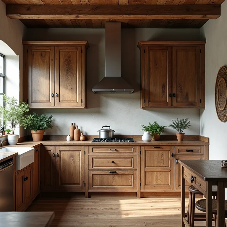 Armários com portas de demolição em cozinha rústica