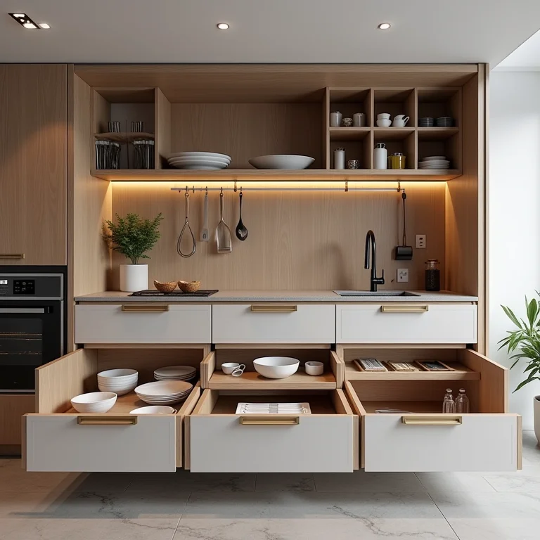 Armários e gavetas com divisórias inteligentes em cozinha moderna