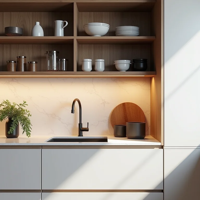 Armários planejados em uma cozinha moderna, com organização impecável.