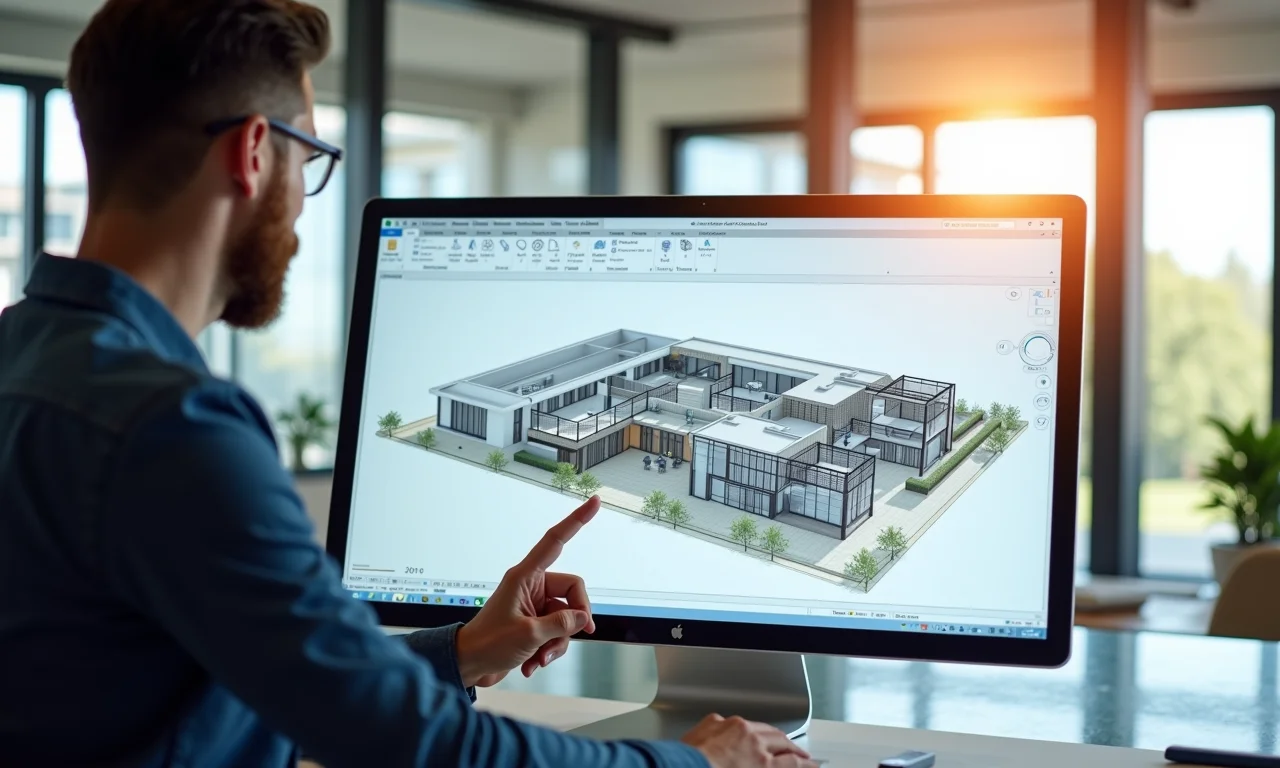 Arquiteta trabalhando com Revit, visualizando modelo BIM detalhado em tela grande.