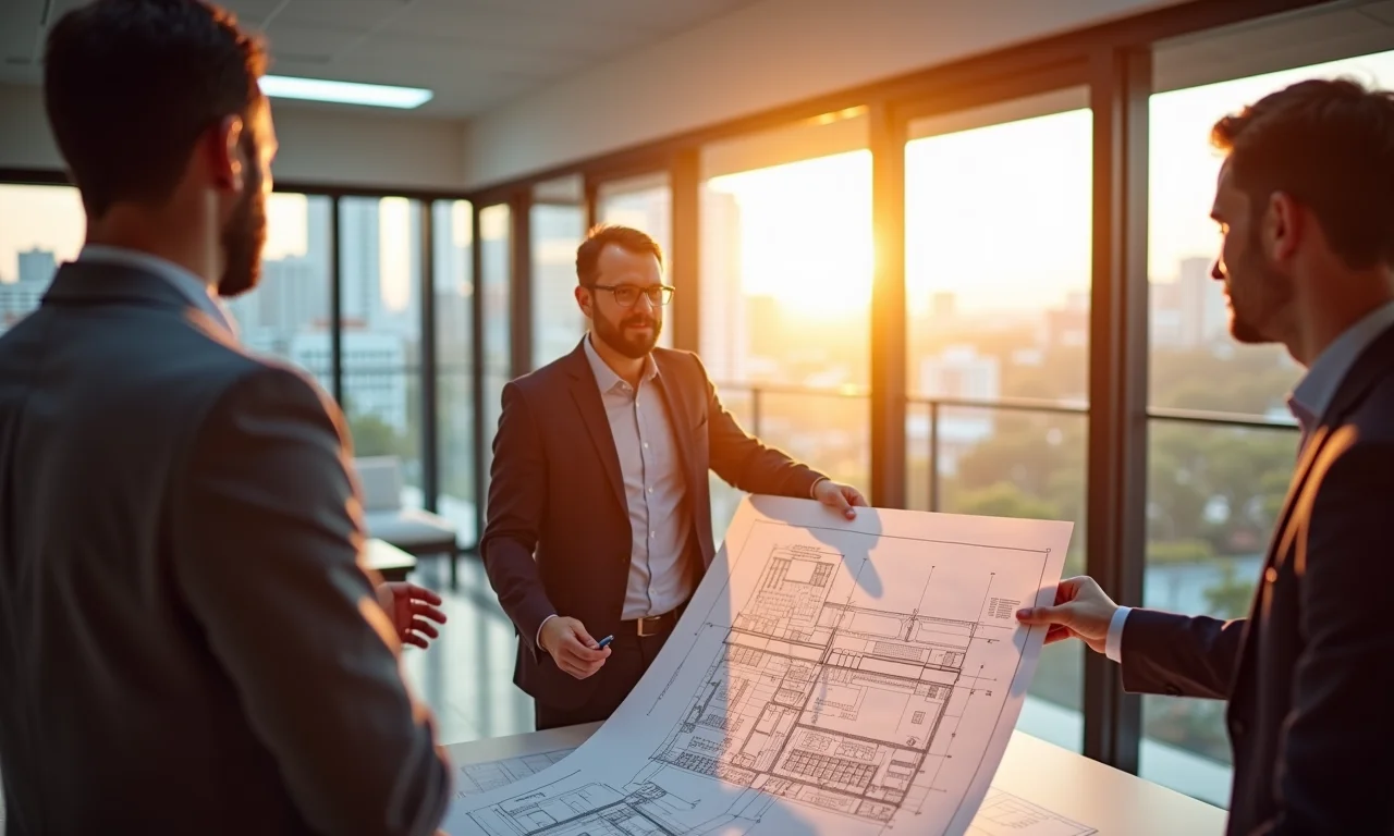 Arquiteto apresentando projeto em ArchiCAD para cliente em escritório com decoração brasileira.