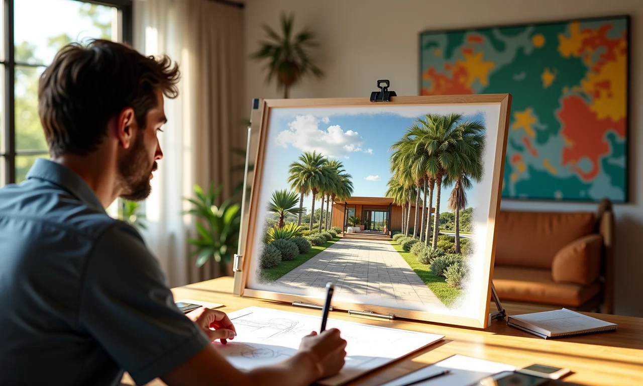 Arquiteto esboçando design no SketchUp em escritório vibrante e com luz natural.