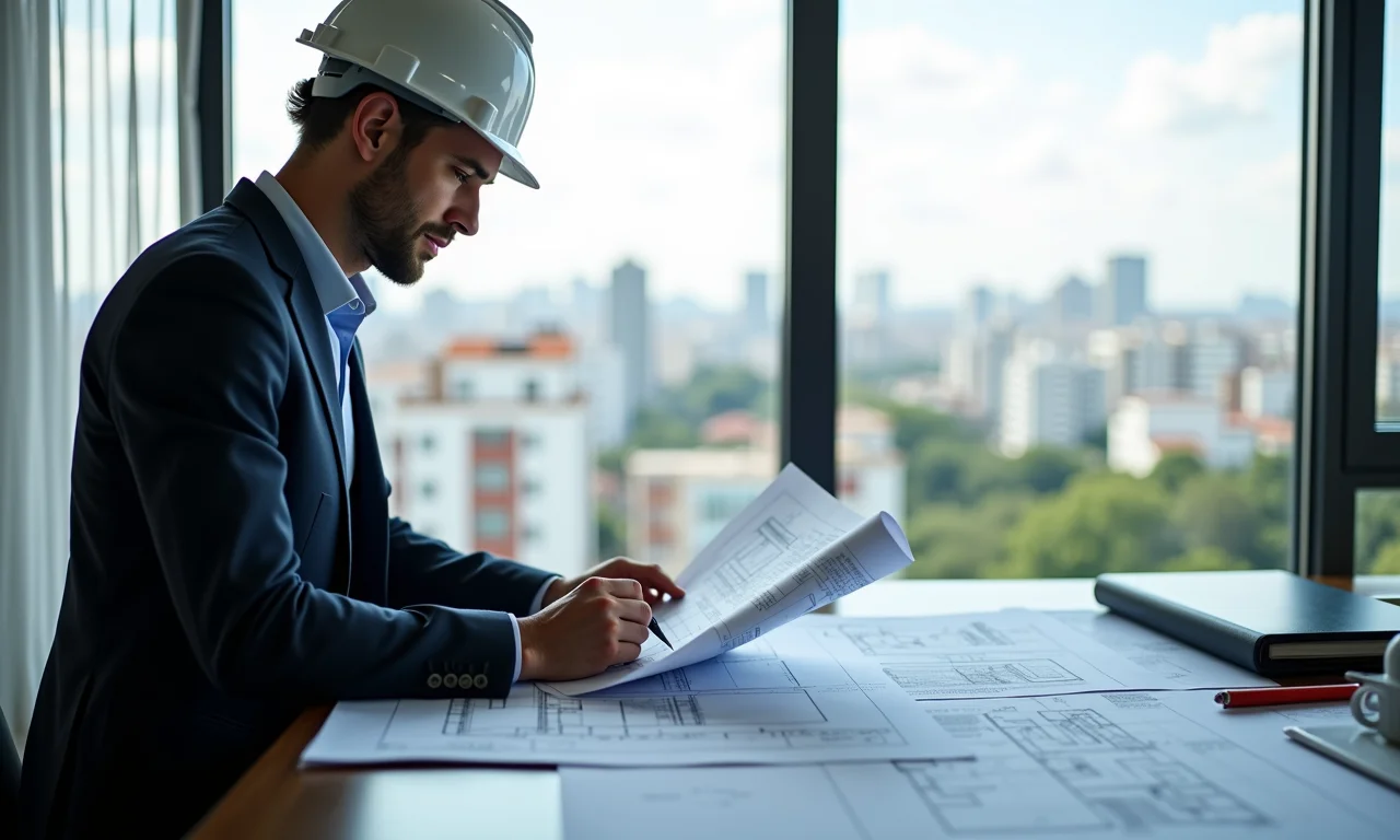 Arquiteto trabalhando em projeto no AutoCAD com vista para paisagem urbana brasileira.