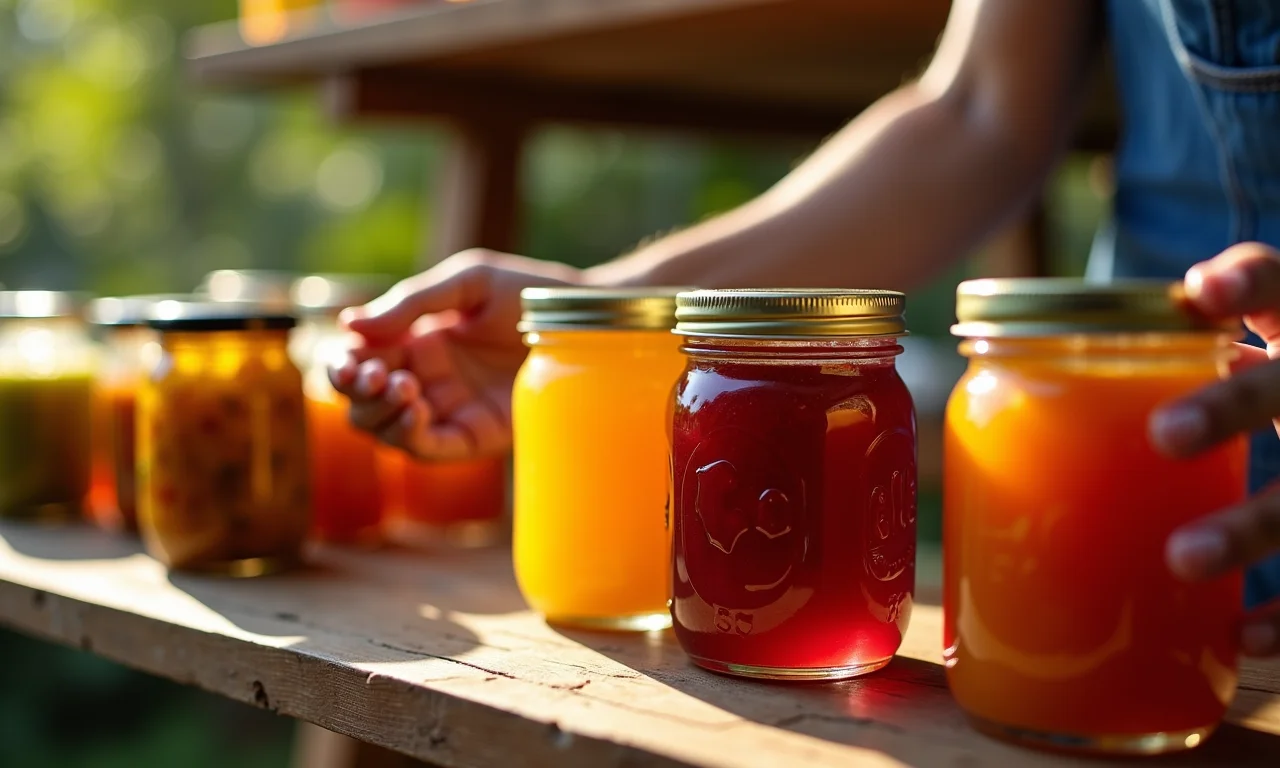 Arranjo de potes coloridos de geleias caseiras em prateleira de madeira.