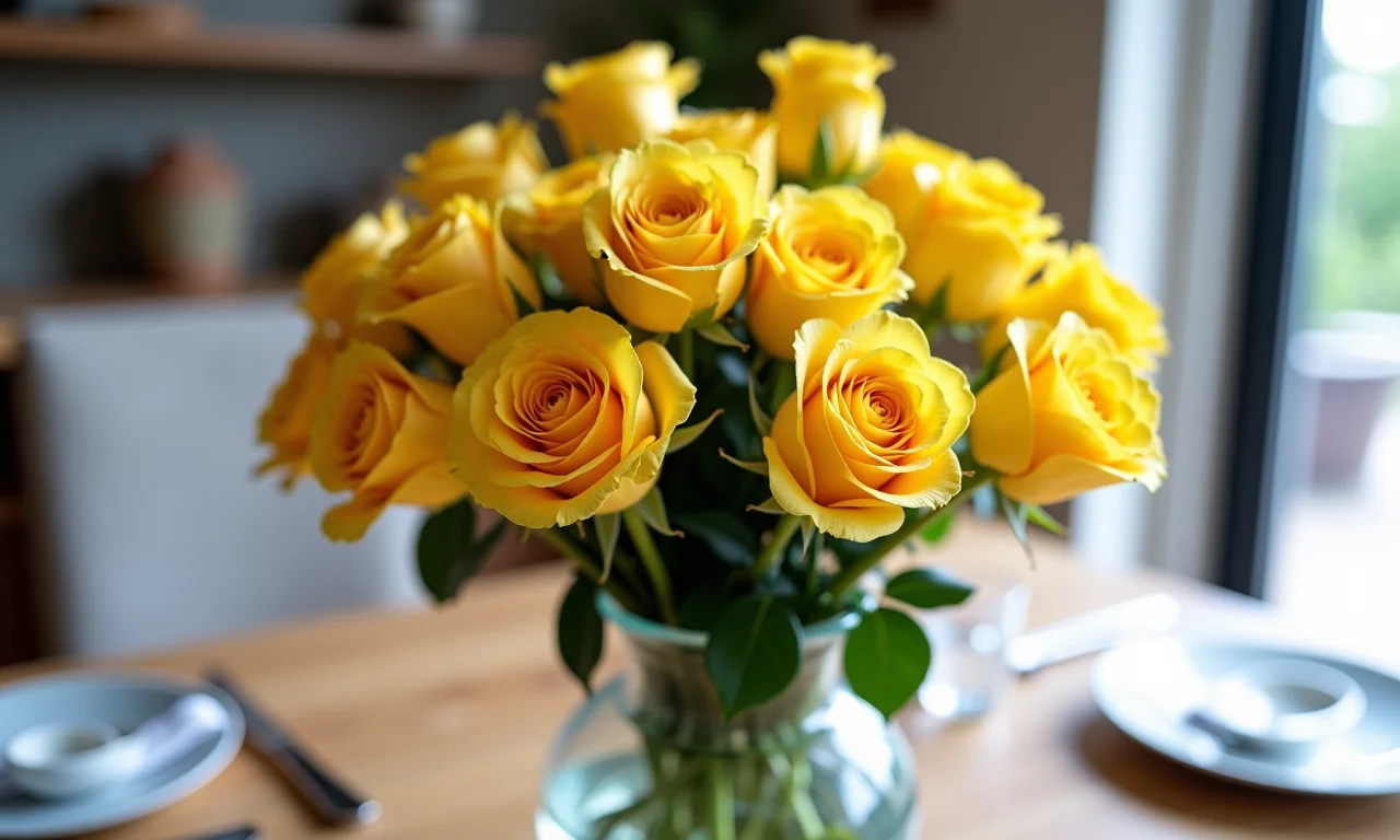 Arranjo de rosas amarelas como centro de mesa em decoração Farm Rio.
