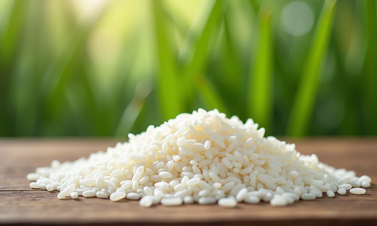 Arroz cru com planta murcha ao fundo, simbolizando que nem toda água de arroz é útil.