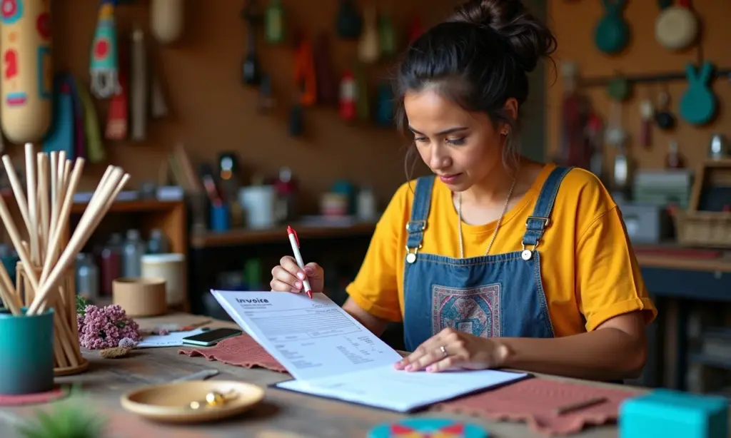 Artesã brasileira preparando nota fiscal para cliente PJ em oficina colorida.