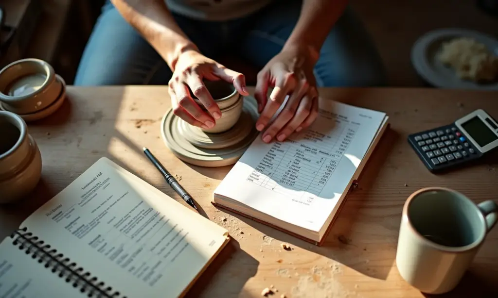 Artesã calculando custos de produção em seu ateliê ensolarado.