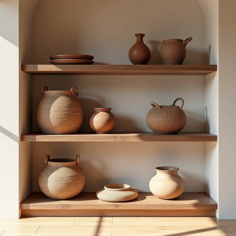 Artesanato e peças feitas à mão em uma estante decorativa