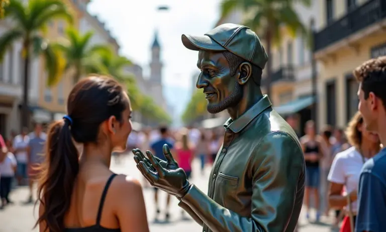 Artista de rua como estátua viva interagindo com o público no Brasil.