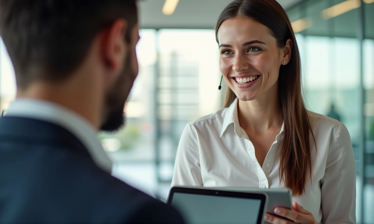 Atendente sorrindo enquanto auxilia cliente com tablet em escritório moderno.