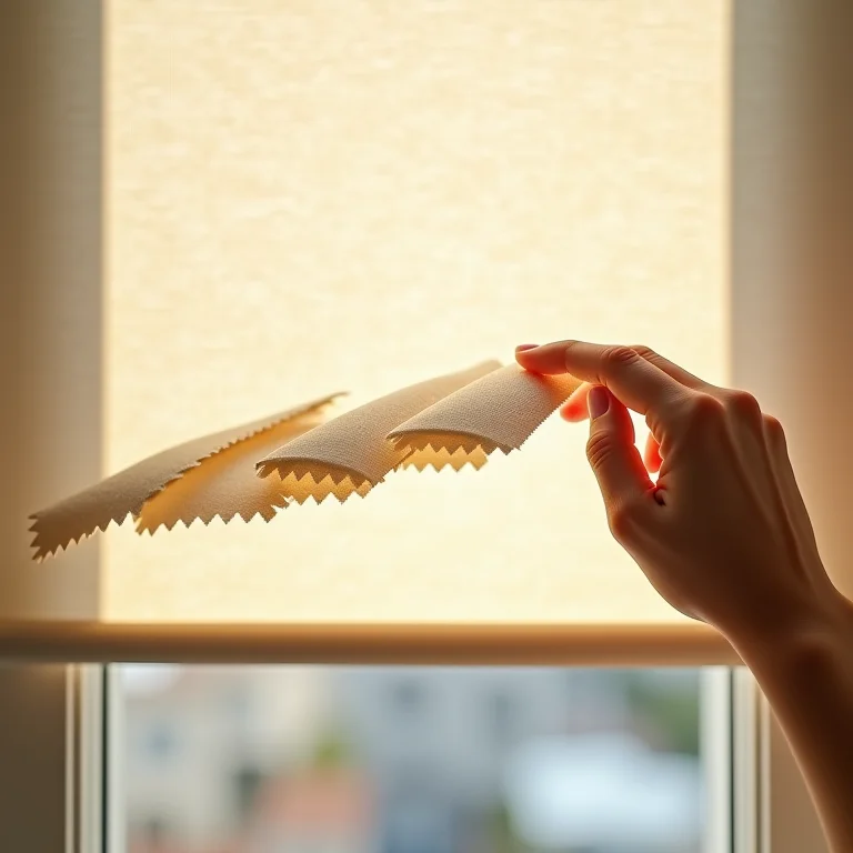 Avaliando amostras de tecido para cortina rolô sob luz solar direta.