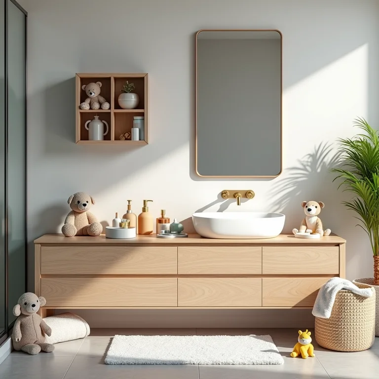 Bagunça em bancada de banheiro infantil