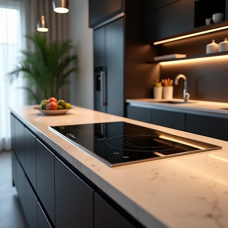 Bancada com cooktop embutido e eletrodomésticos de inox