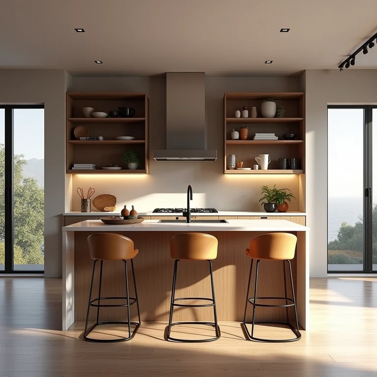 Bancada com ilha central, banquetas e prateleiras abertas