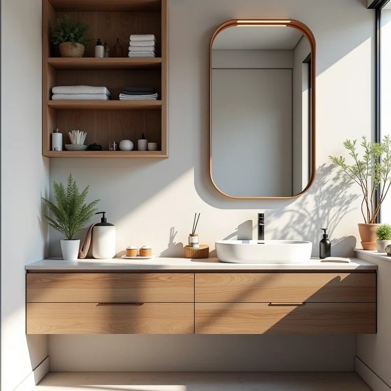 Bancada de banheiro desorganizada por falta de espaço de armazenamento