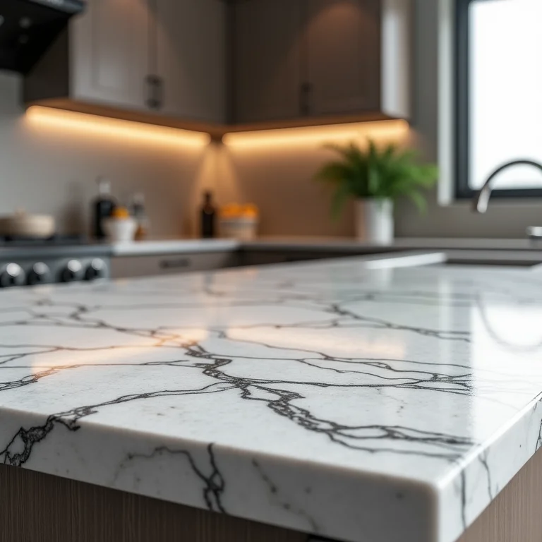 Bancada de cozinha americana de granito com acabamento moderno e durável.