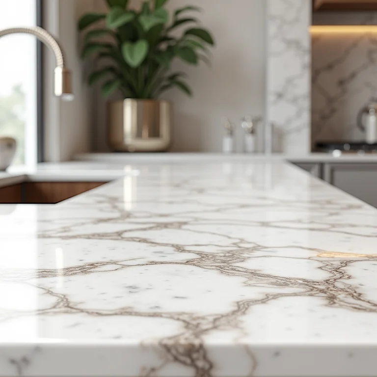 Bancada de cozinha americana de mármore com veios elegantes e iluminação suave.