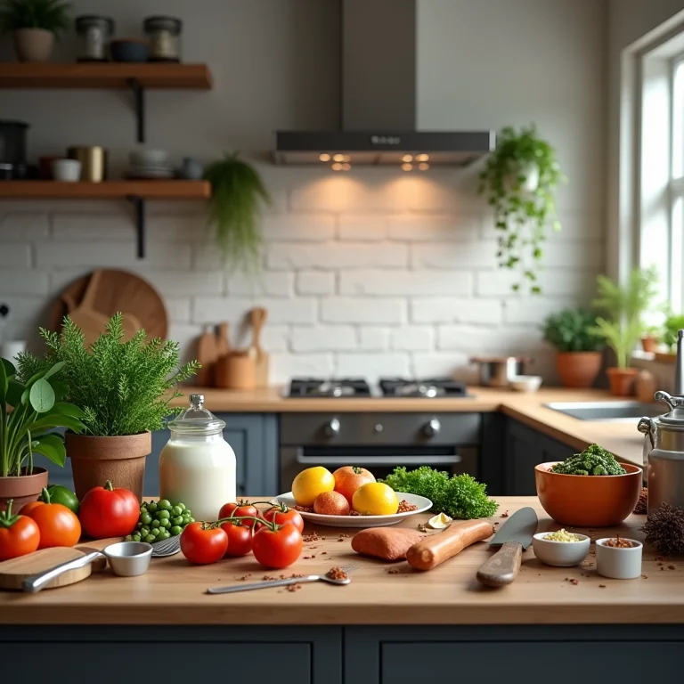 Bancada de cozinha desorganizada com utensílios e ingredientes espalhados.