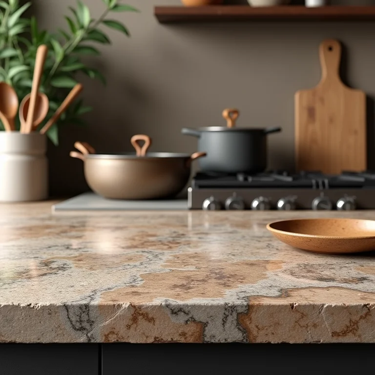 Bancada de cozinha rústica feita com pedra natural com utensílios de madeira