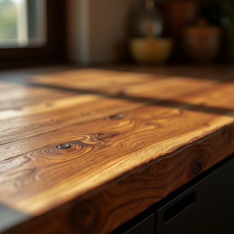 Bancada de madeira rústica com detalhes em madeira natural