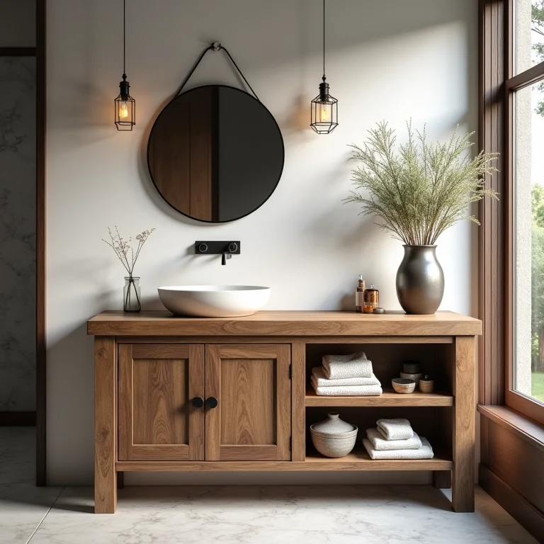 Bancada de madeira rústica como vanity em um banheiro