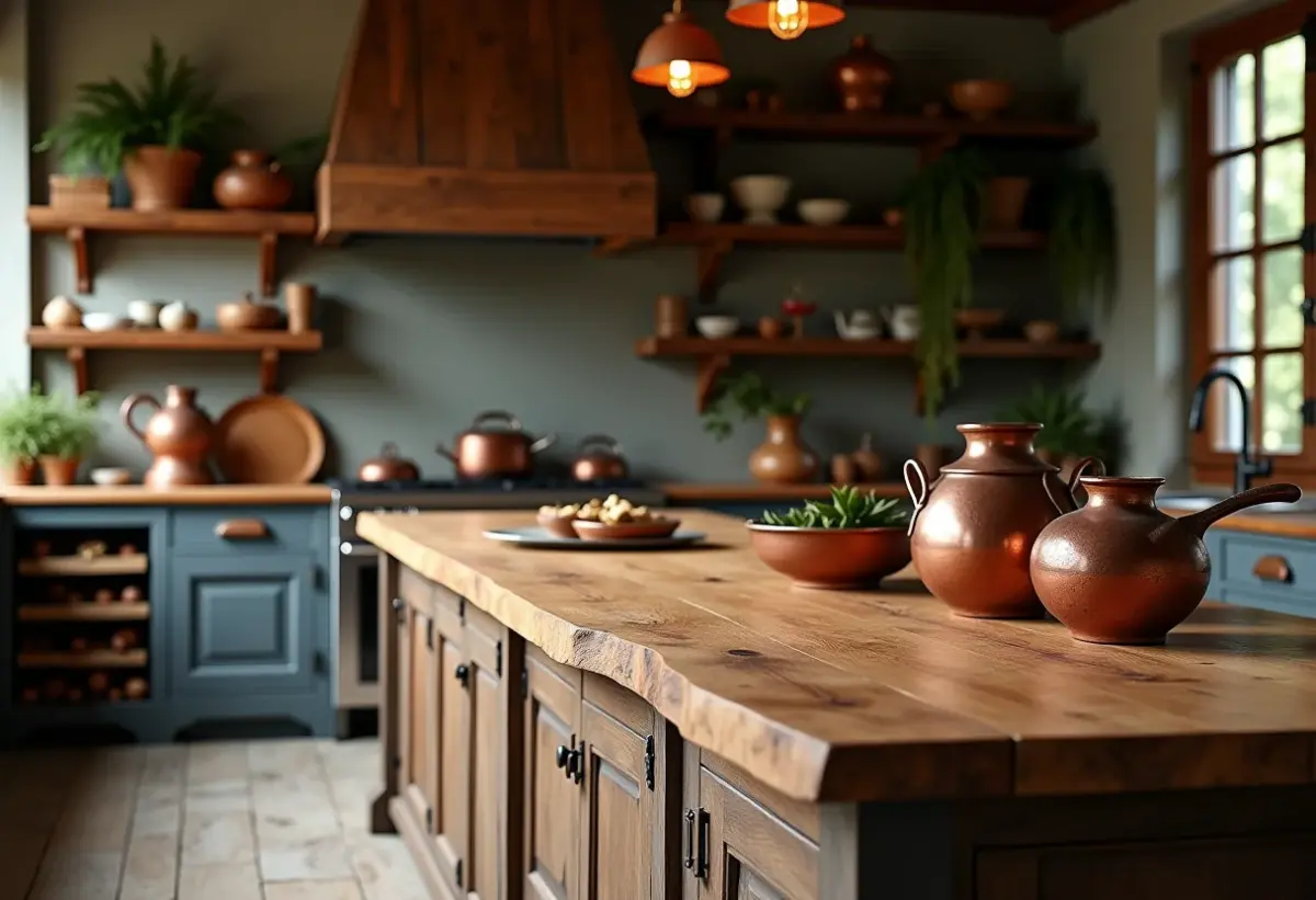 Bancada de madeira rústica em cozinha espaçosa com decoração vintage