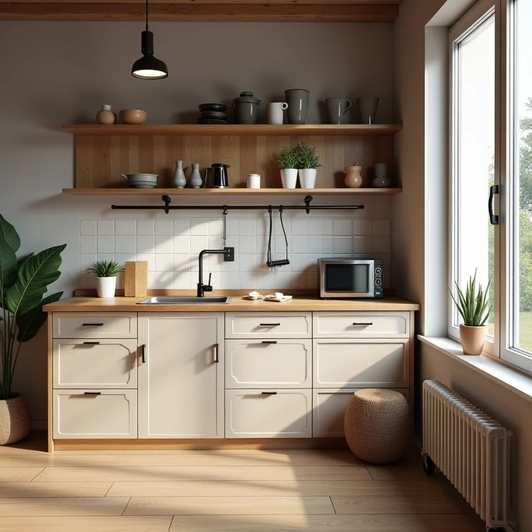 Bancada de madeira rústica em um pequeno apartamento