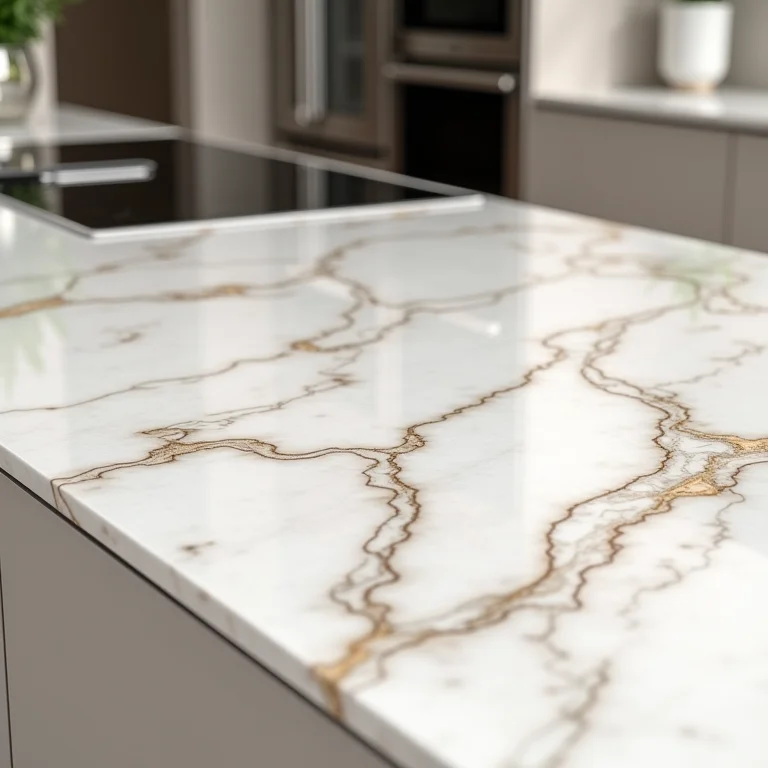 Bancada de mármore luxuoso com veios intrincados