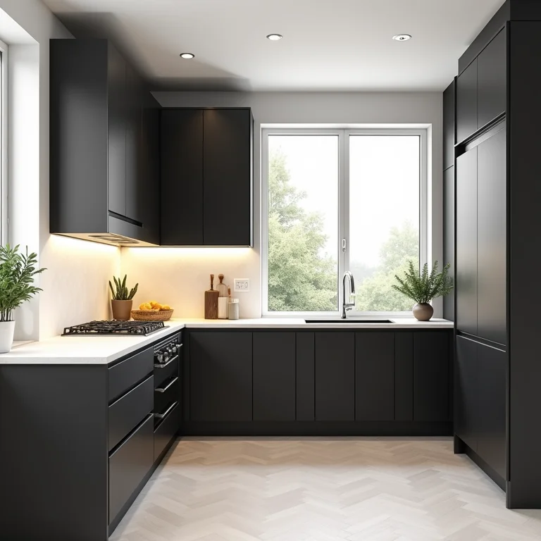 Bancadas claras e armários pretos em cozinha moderna