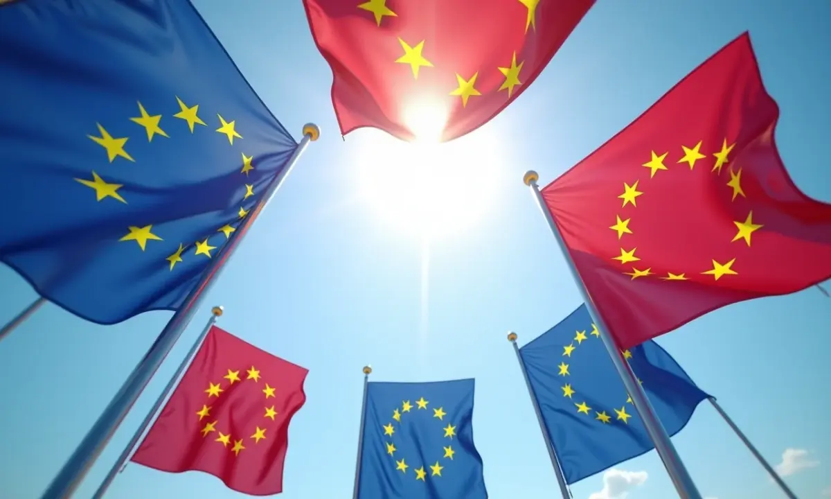 Bandeiras de países da União Europeia unidas em círculo, representando a união e a paz.
