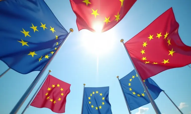 Bandeiras de países da União Europeia unidas em círculo, representando a união e a paz.