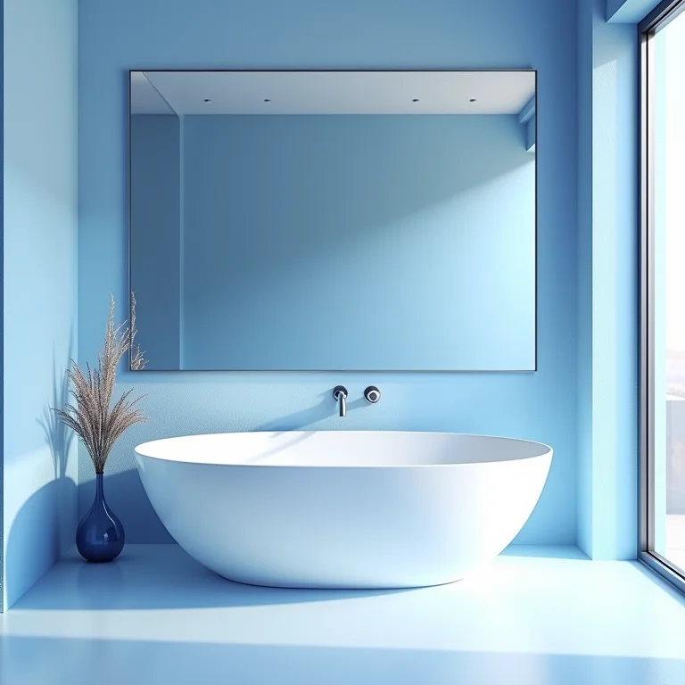 Banheiro azul e branco com espelho ampliando o espaço