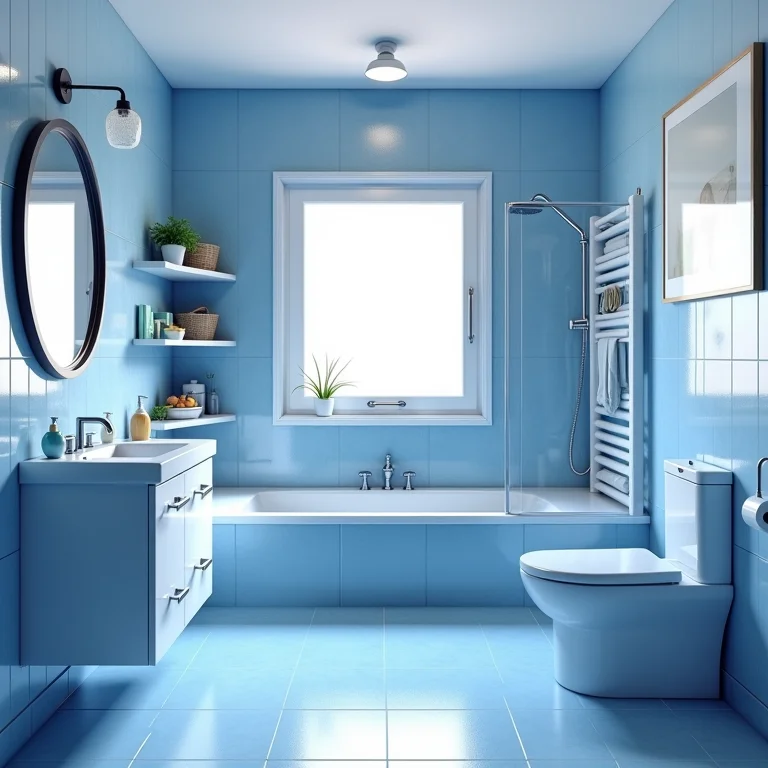 Banheiro azul e branco com falta de planejamento do espaço