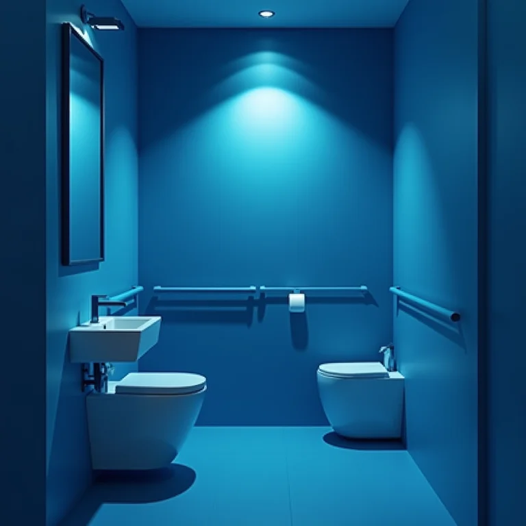 Banheiro azul e branco com iluminação inadequada