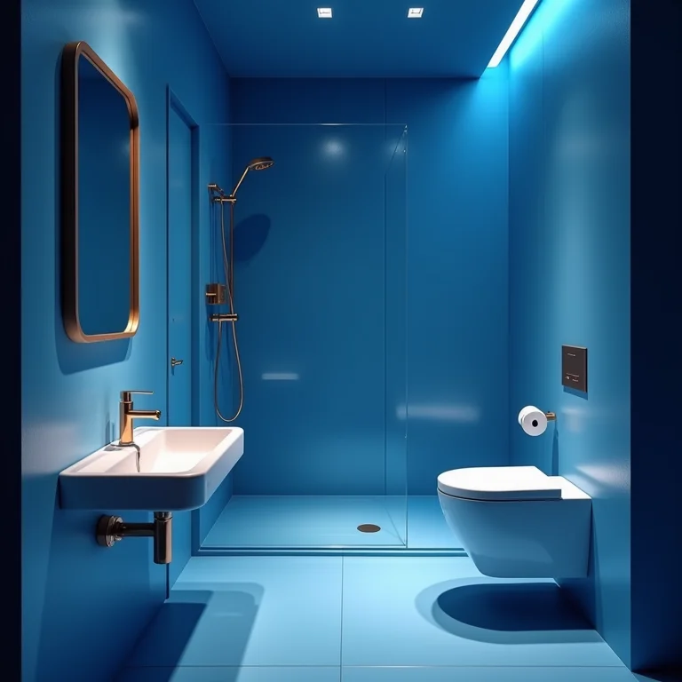 Banheiro azul e branco com iluminação insuficiente, criando um ambiente sombrio