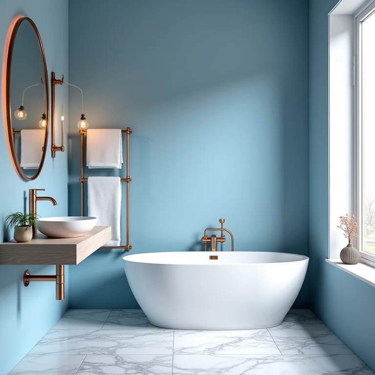 Banheiro azul e branco com metais dourados ou rose gold, adicionando luxo