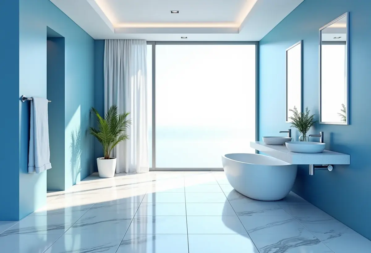 Banheiro azul e branco luxuoso com design navy elegante