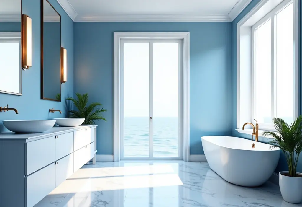 Banheiro azul e branco luxuoso com iluminação natural