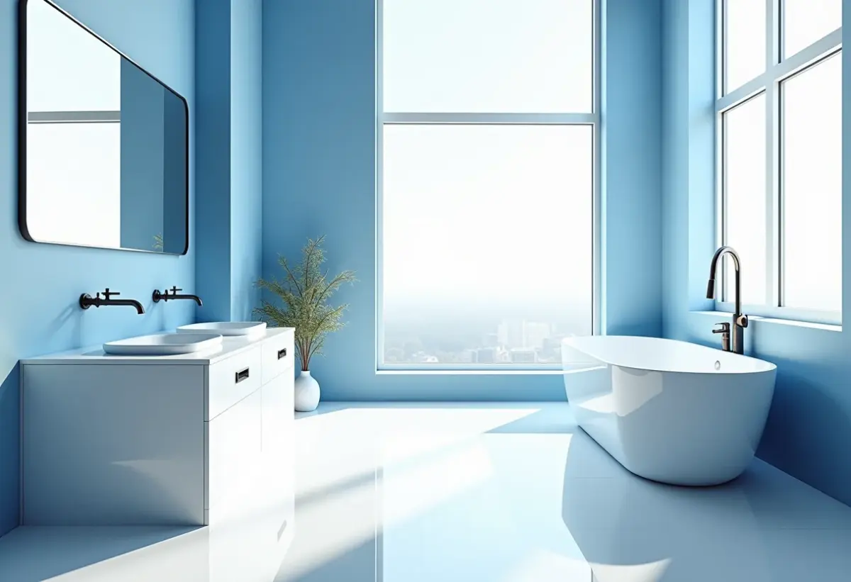 Banheiro azul e branco luxuoso com luz natural