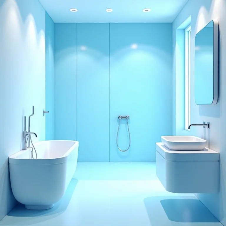 Banheiro azul e branco sem acessórios, transmitindo frieza