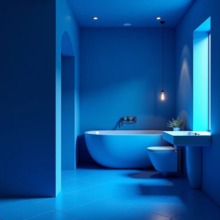 Banheiro com excesso de azul criando uma atmosfera pesada