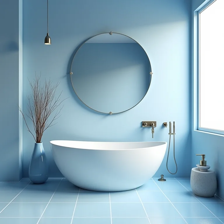 Banheiro com metais e acessórios desalinhados em azul e branco